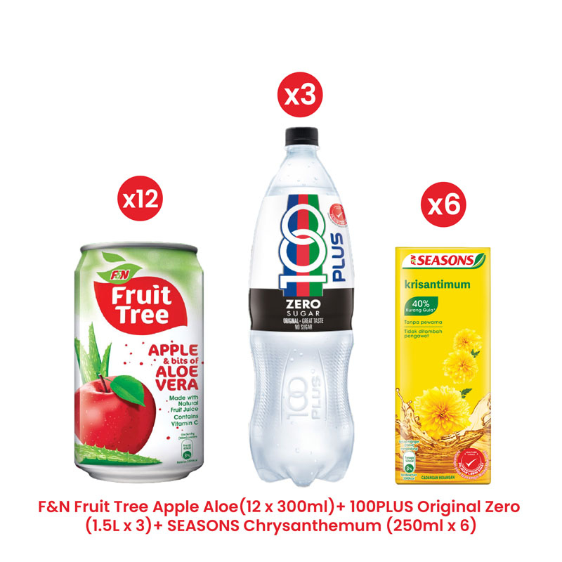 F&N Fruit Tree Apple Aloe (12 x 300ml)+100PLUS Original Zero (1.5L x 3)+SEASONS Chrysanthemum (250ml x 6)